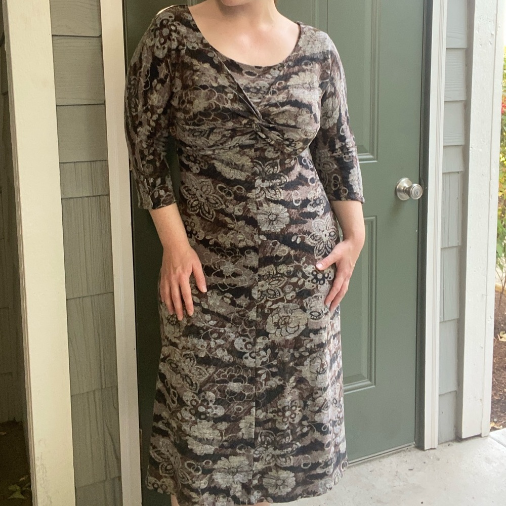 Pre-Loved Handmade Dark Brown and Tan Sheath Dress with 3/4 Sleeves